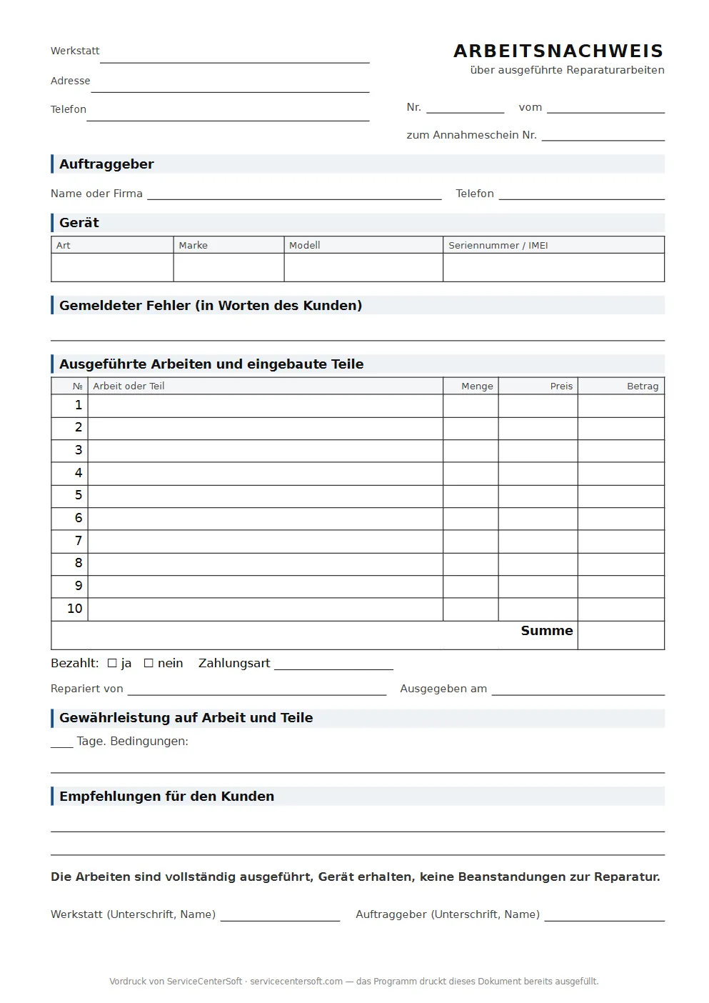 Vordruck: Arbeitsnachweis für eine Reparatur