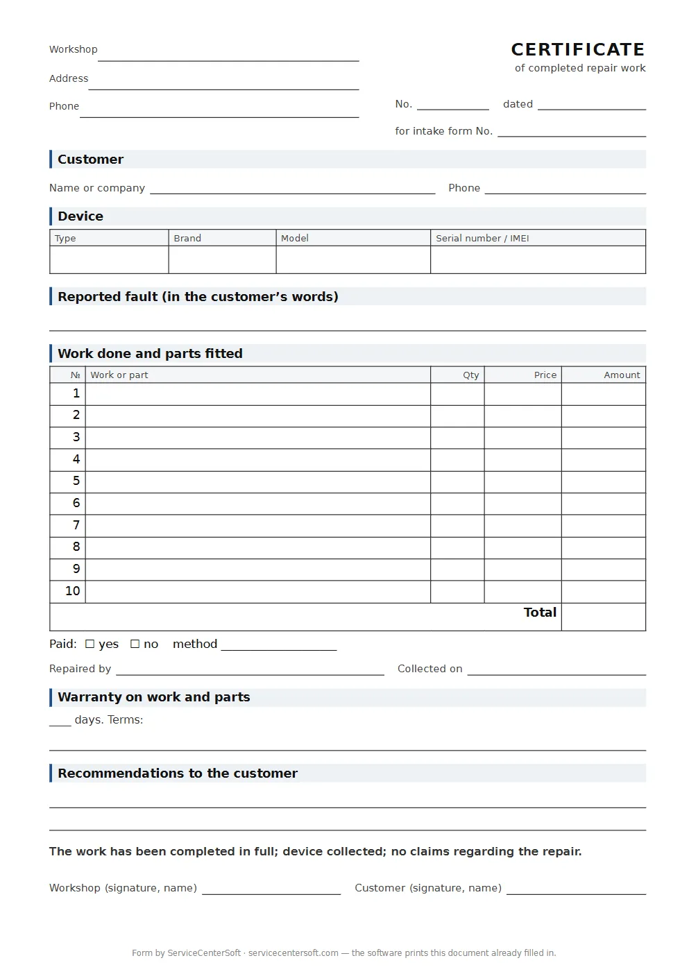 Blank certificate of completed repair work
