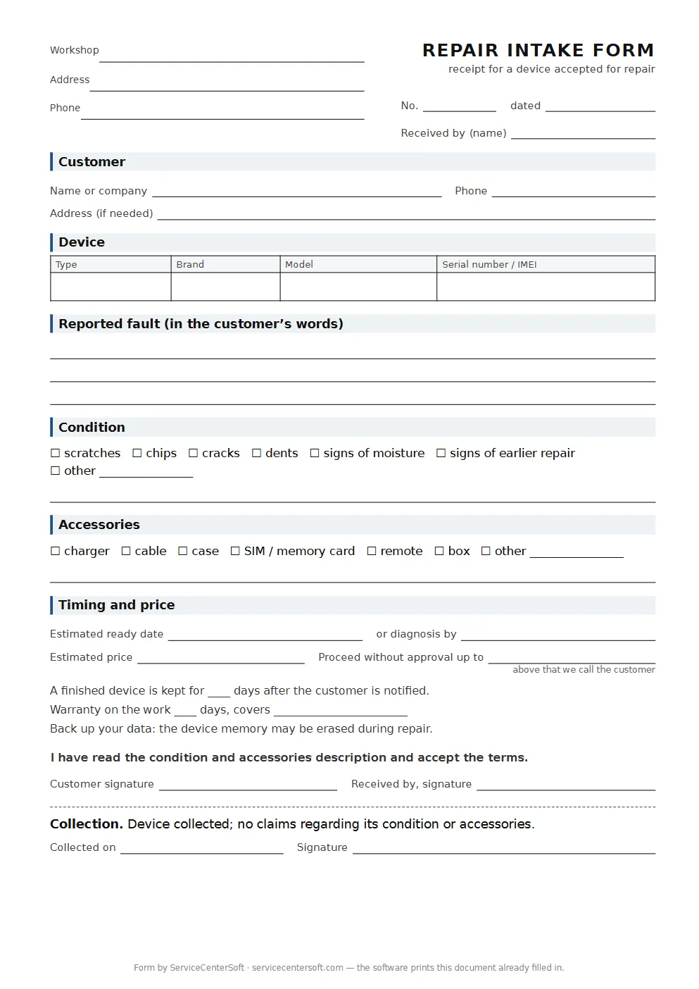 Blank repair intake form
