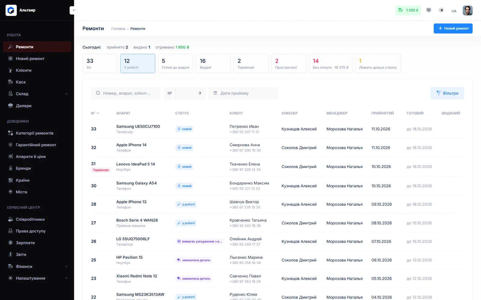 Repair list: branch name and logo in the header, quick filters with counts